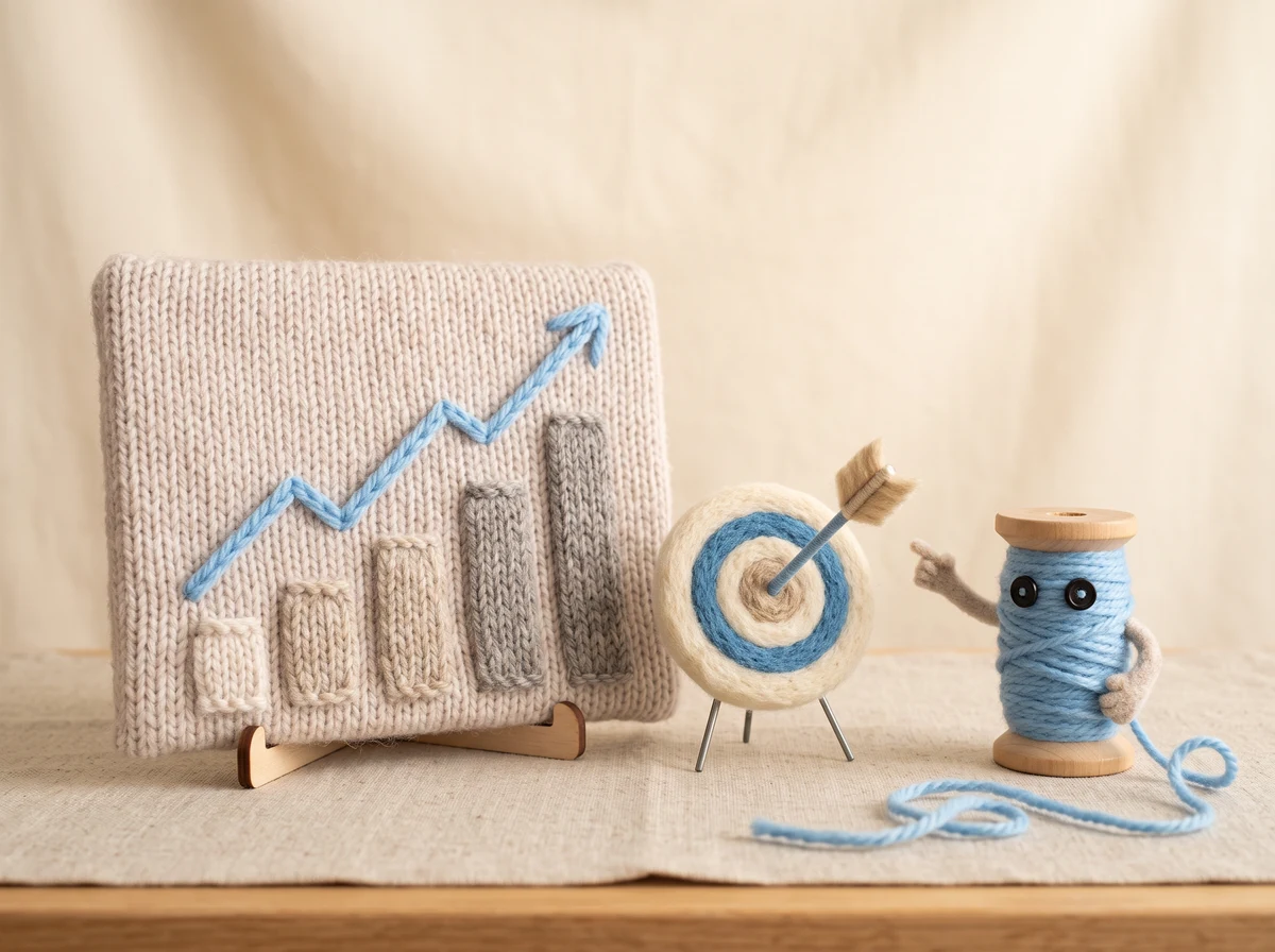 A knitted board with a single blue yarn line stitched climbing across it above four blank woollen bars, a felted target and arrow beside it