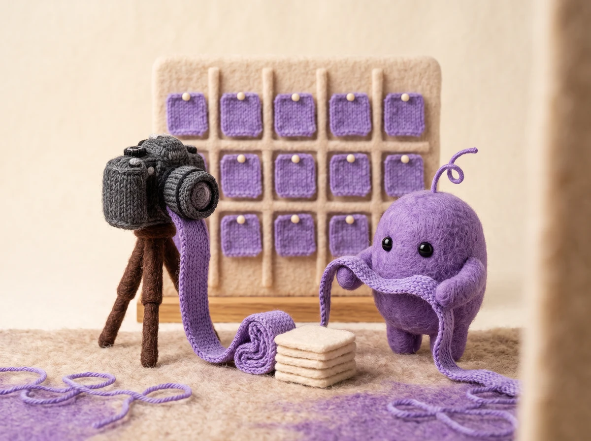 A knitted camera on a small tripod feeding one long ribbon of wool that folds into a stack of blank felted tiles, a grid of blank knitted squares pinned behind it