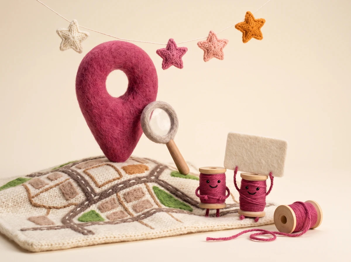 A felted map pin standing on a knitted map of stitched streets, a woollen magnifying glass leaning against it and five knitted stars strung above