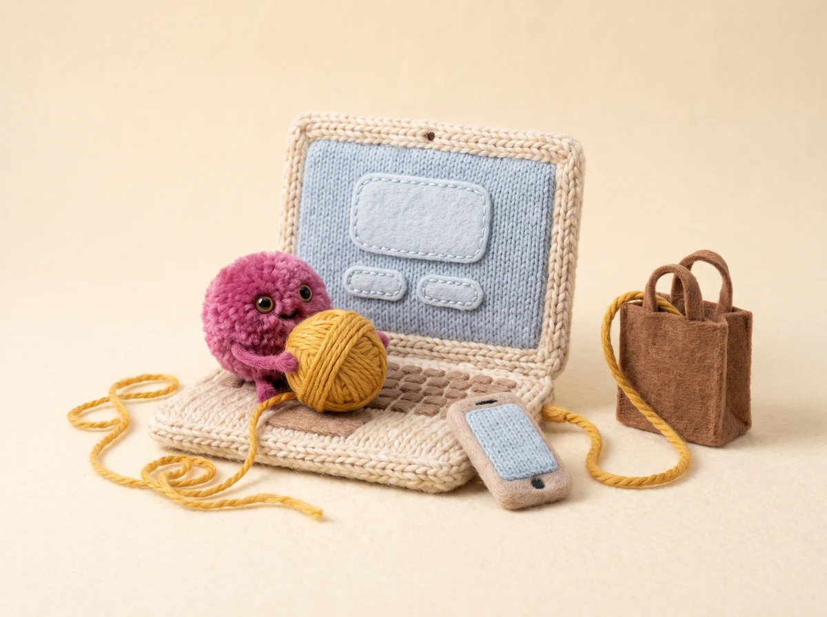 A knitted laptop and a felted phone in wool, a yarn cable running from one into a small woollen shopping bag
