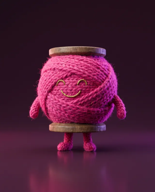 A spool of pink wool with a face, knitted