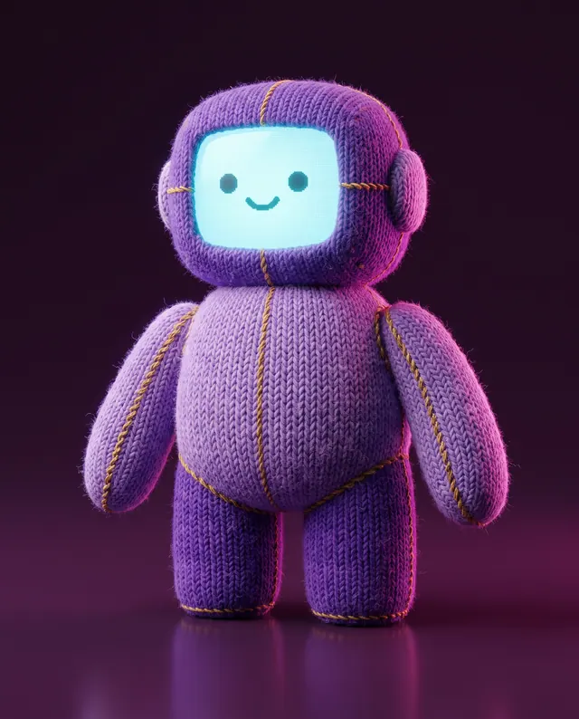 A small knitted robot with a glowing face
