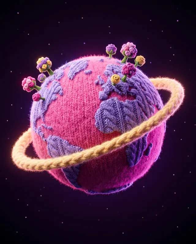 A knitted planet with a gold ring