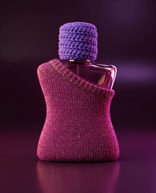 A perfume bottle wrapped in knitted wool