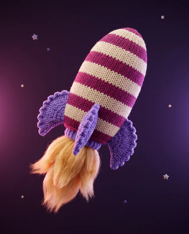 A knitted rocket mid-launch
