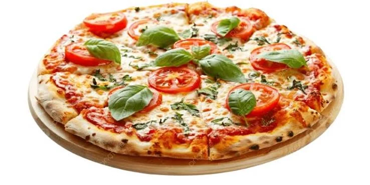 Tomato, basil and melted cheese pizza